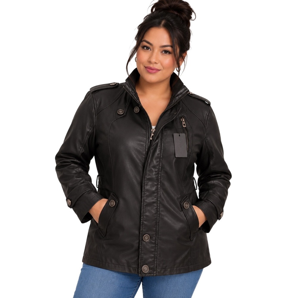 SJS Black Faux Leather Faux Fur Lined Trench Field Jacket Stand Collar XL